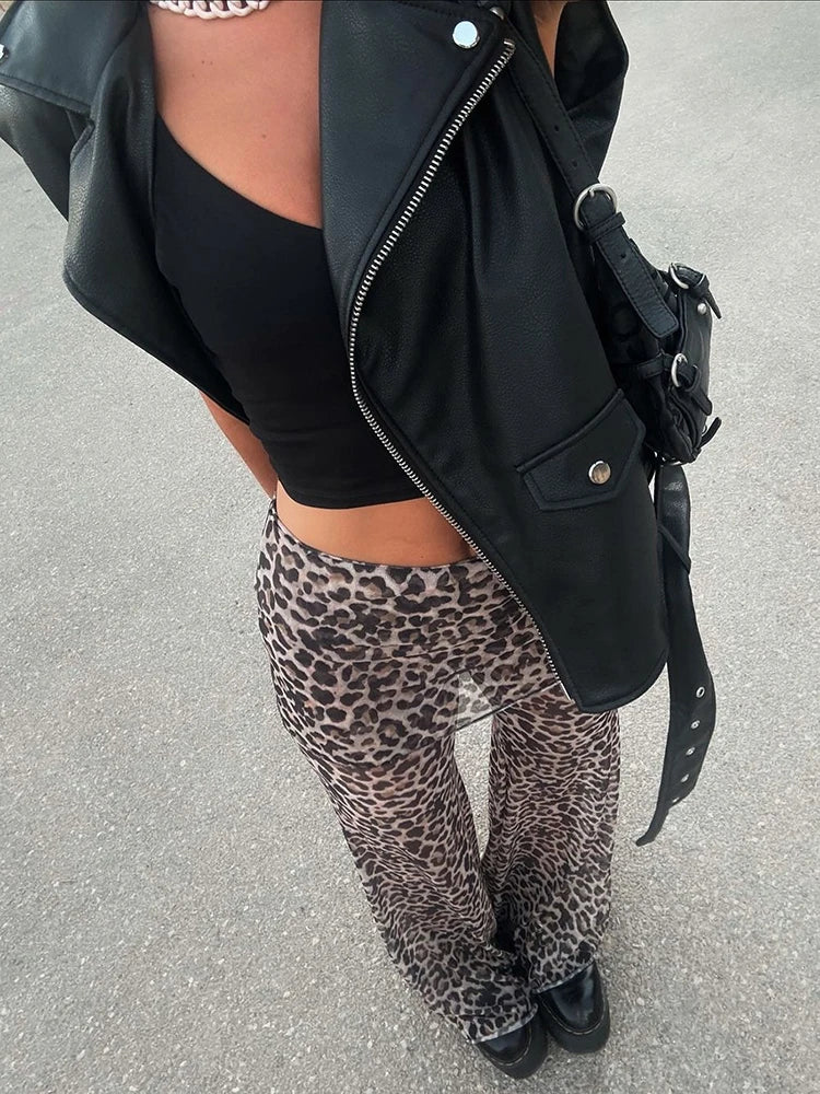 Mesh Leopard Print Trousers High Waist Print Wide Leg Pants Printed