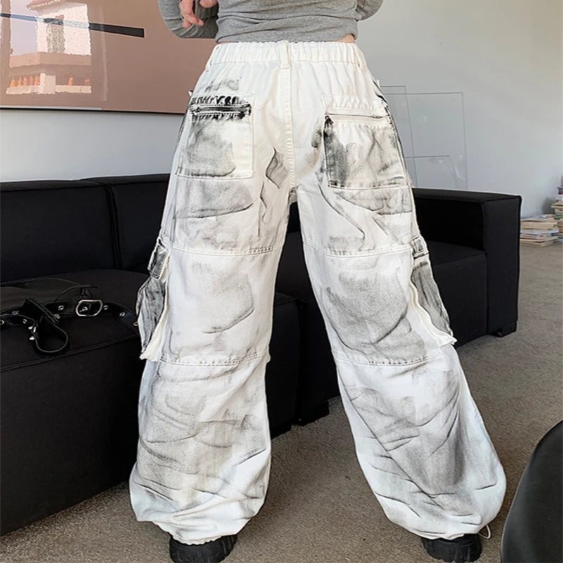 Women's White Cargo Jeans Baggy Vintage High Waist Cowboy Pants Harajuku Aesthetic Tie-Dyed Denim Trousers 90s Y2k Clothes 2024