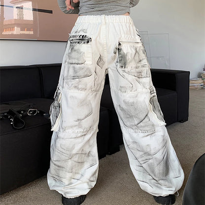 Women's White Cargo Jeans Baggy Vintage High Waist Cowboy Pants Harajuku Aesthetic Tie-Dyed Denim Trousers 90s Y2k Clothes 2024