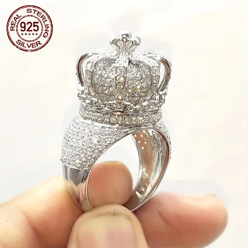2025 New Luxury 925 Sterling Silver Rings Crown Hollow Design Mens Vintage Iced Out Pinky Hip Hop Ring Fine Jewelry Gift