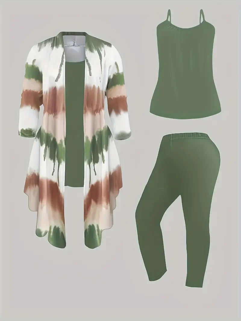 Three-Piece Outfit Tie Dye Top Solid Color Tank Top Elastic Waist Pants Set