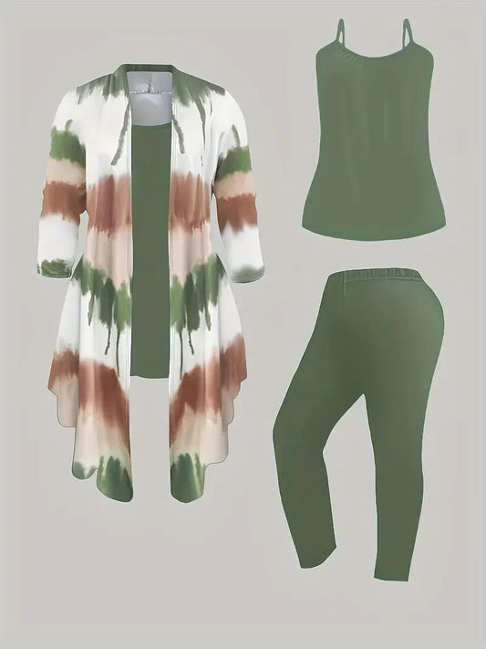 Three-Piece Outfit Tie Dye Top Solid Color Tank Top Elastic Waist Pants Set