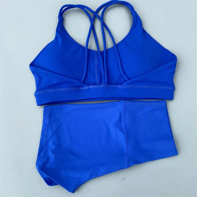 Solid Color Gym Bike Yoga Set Short Legging +Cross Sport Bra Tracksuit Athletic Women Gym Suit Comprehensive Training Jogging