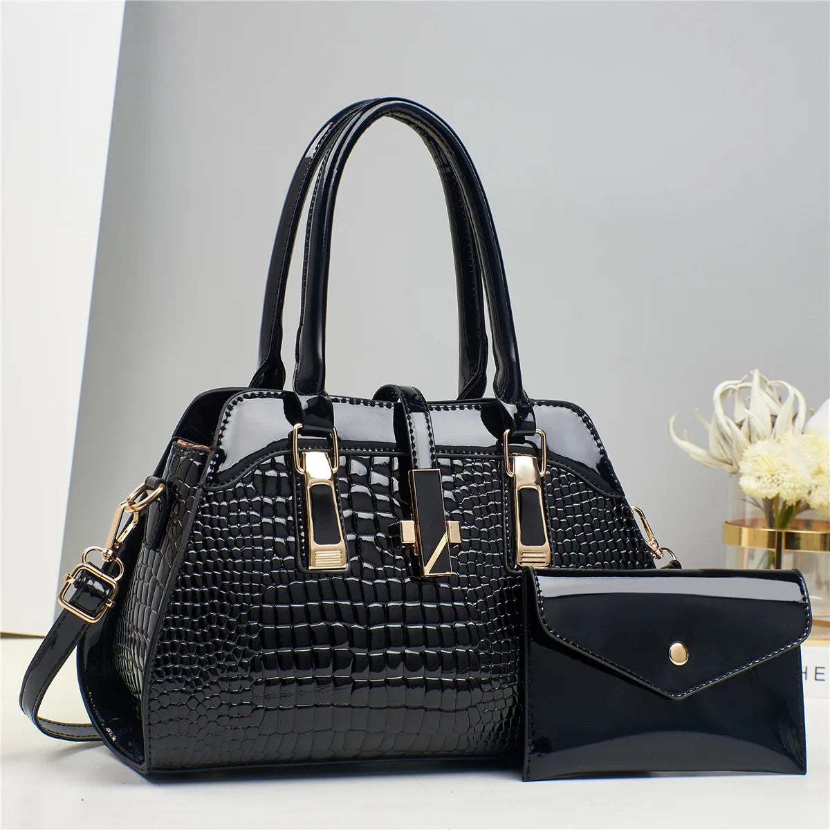 Luxury Brand Crocodile Women Tote Bag Bright Leather Women Handbag Purse