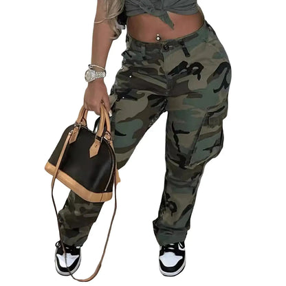 Cargo Pants Fashion Women Camo Print Oversized Pocket High Waist Baggy Pant Casual Hip Hop Straight Trouser