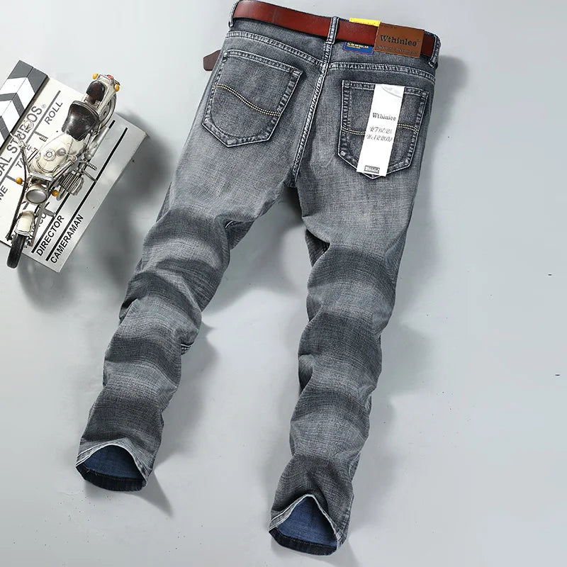 Men Classic Jeans Straight Regular Blue Stretch Denim Trousers Men's