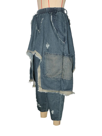 Women Streetwear Ripped Out Hole Denim Pants Loose Safari Style Cargo Harem