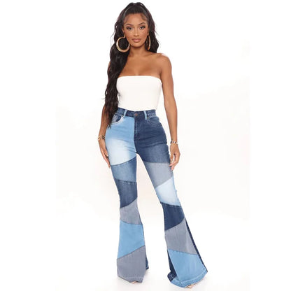 Women Flare Jeans Casual Pants Pannelled Collision High Waist Fit Female High Quality