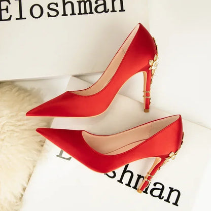 Women's Metal Flowers Stiletto High-heel Shoes Female  Light Luxury Wedding Shoes Pointed Toe