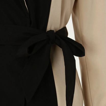 Elegant Long Jacket Women Retro Formal Black Khaki Contrast Notched Collar Windbreaker Coat