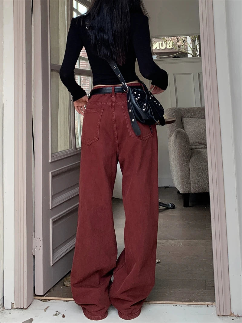 Women Red Jeans Harajuku Y2k Aesthetic Streetwear Baggy Denim Trousers Korean Loose Jean Pants 90s Vintage 2000s Trashy Clothes