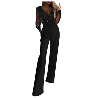 Black Jumpsuits Mesh Patchwork, Backless Long Sleeve Sequined