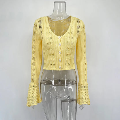 Hollow Knitted Cardigan Women's Solid Long Sleeve V Neck Short Sweater Top Female Crochet Yellow / S White / L White / M Yellow / S-White / L-White / M-White / S-Brown / L-Brown / M-Brown / S-Pink / L-Pink / M-Pink / S-Yellow / L-Yellow / M-Wine Red / L-Wine Red / M-Wine Red / S-Blue / L-Blue / M-Blue / S-