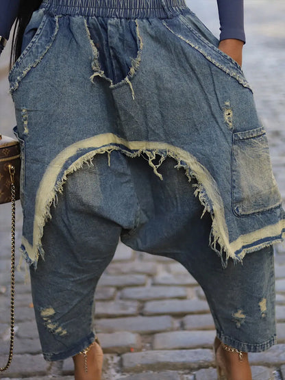 Women Streetwear Ripped Out Hole Denim Pants Loose Safari Style Cargo Harem