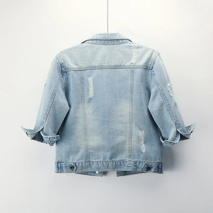 Women Cropped Coats 3/4 Sleeve Retro Short Denim Jackets Light Blue Jeans Coat
