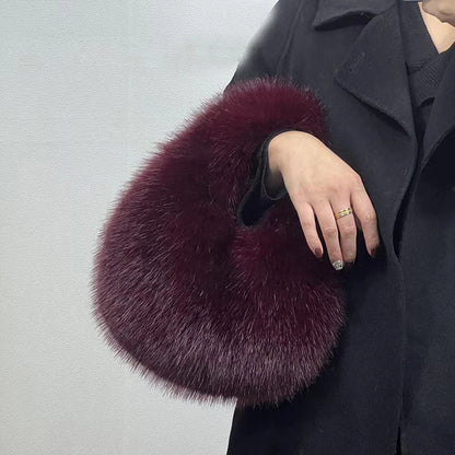 Soft Plush Half Moon Bags for Women Designer Fluffy Faux Fur Lady Handbags Luxury Small Tote
