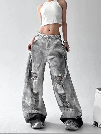 Women's Grey Ripped Jeans Cargo Baggy Y2K Harajuku High Street Aesthetic 2000S Style Fashion 90s Retro Loose Jeans 2025 New