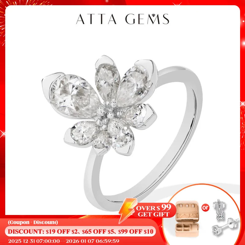 ATTAGEMS 925 Sterling Silver Luxury Women Ring Flowers DVVS1 Moissanite Pear-cut Classical Band Engagement Wedding Fine Jewelry