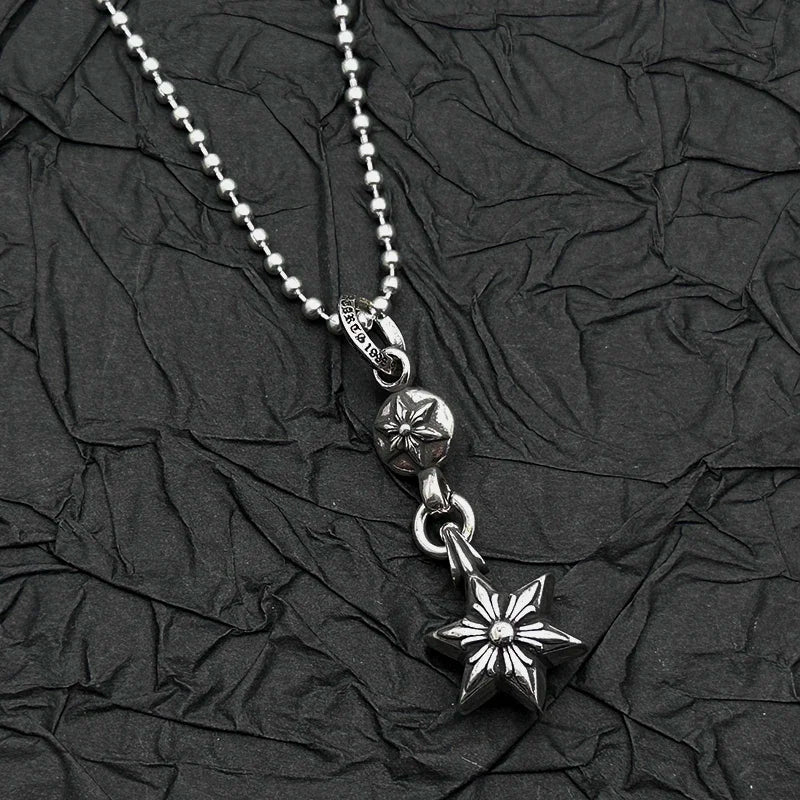 S925 Sterling Silver Retro Old Ring Single Ball Hexagram Pendant Necklace Men's and Women's European and American Niche