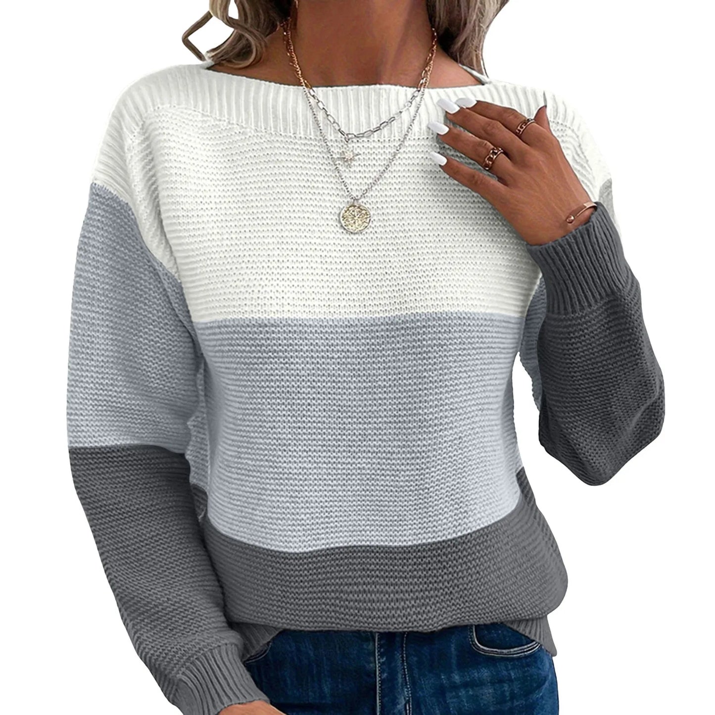 Dressy Sweater For Women Patchwork Color Block Long Sleeve Bateau Neck Elegant Pullover