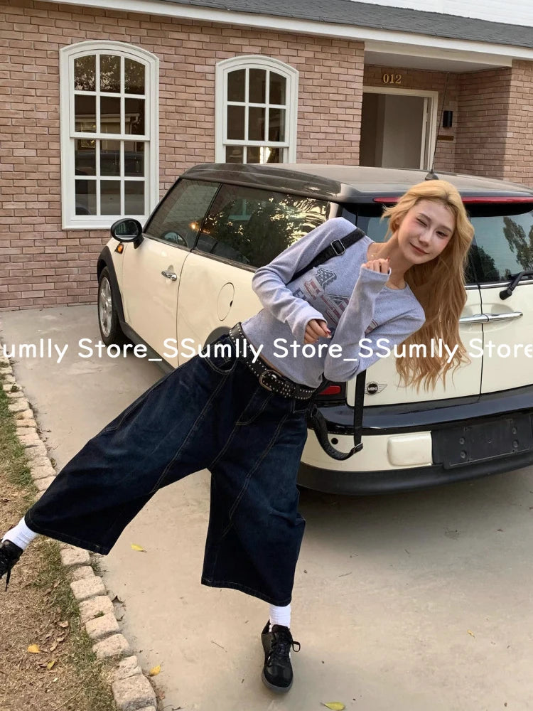 Embroidery Stitched Jeans Women Summer Loose Retro High Waisted Pants Y2k Design Wide Leg Cropped Shorts