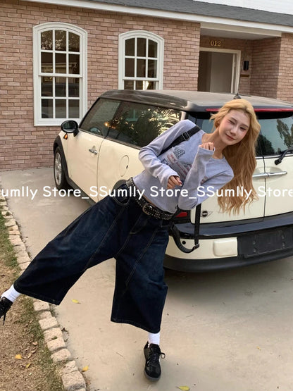 Embroidery Stitched Jeans Women Summer Loose Retro High Waisted Pants Y2k Design Wide Leg Cropped Shorts