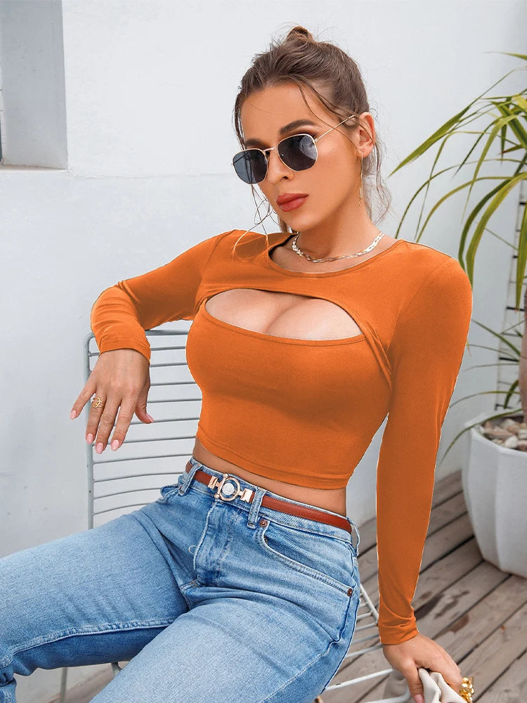 Women's Casual Round Neck Long Sleeve Crop Top Long Sleeve Hollow Fitness Crop Top