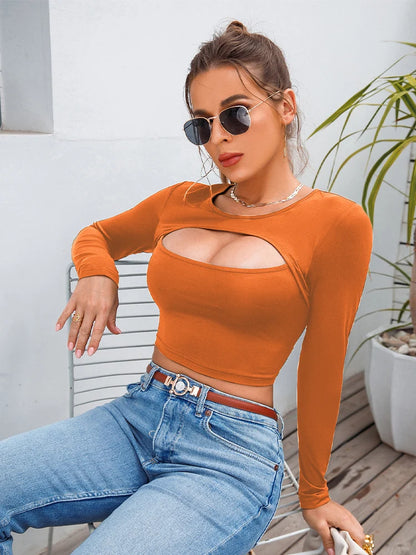 Women's Casual Round Neck Long Sleeve Crop Top Long Sleeve Hollow Fitness Crop Top