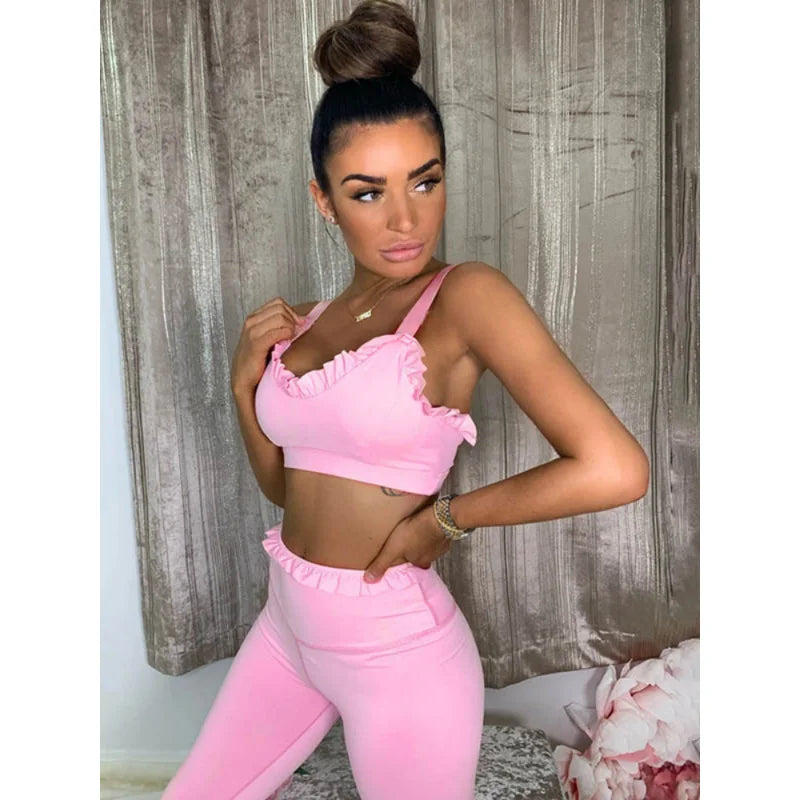 Solid Color Wood Ear Bra & Hip-Lifting High Waist Leggings Pants Fitness Yoga Two Pieces Set