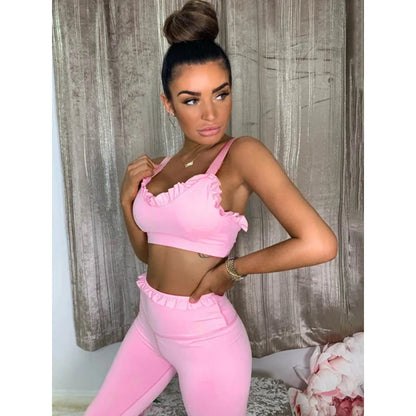 Solid Color Wood Ear Bra & Hip-Lifting High Waist Leggings Pants Fitness Yoga Two Pieces Set
