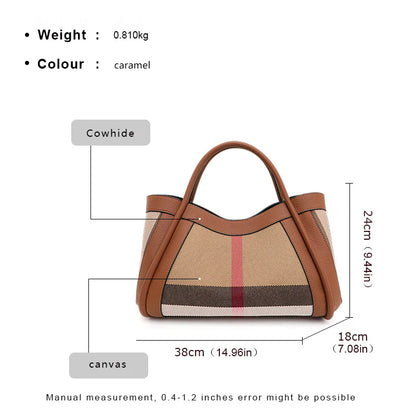 checkered women's handbag, large capacity luxury bag, canvas genuine leather bag