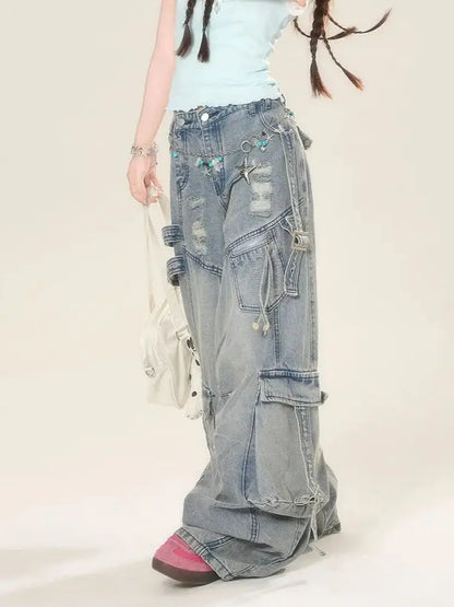 Women's Blue Star Embroidered Jeans Baggy Y2K High Street Harajuku Fashion High Waist Wide Leg Retro Jeans Pants Clothing 2025