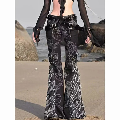 American Subculture Printed Dragon Pattern Raw Edge Slightly Flared Jeans Women's Low-waisted Slim Fit Flared Pants