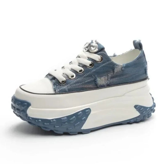 Denim Genuine Leather Platform Wedge Shoes Chunky Sneaker Casual Comfy High Brand Rhinestone