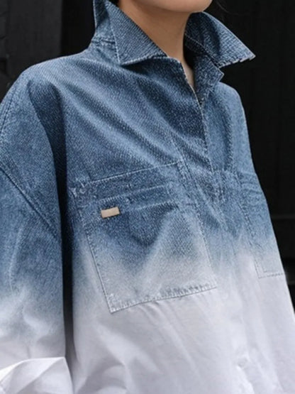 Women Shirt Lapel Collar Long Sleeves Buttoned Loose Fit Casual T-shirt Summer Gradient Color Split-Side Blouse