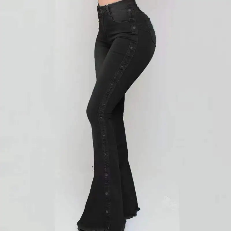 High Waist Strecth Denim Flare Pants Female Floor Length
