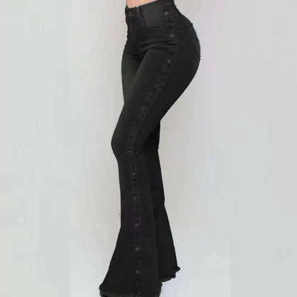 High Waist Strecth Denim Flare Pants Female Floor Length