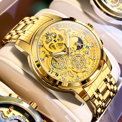 Top Brand Luxury Original Waterproof Quartz Watch for Man Gold Skeleton Style 24 Hour Day Night New