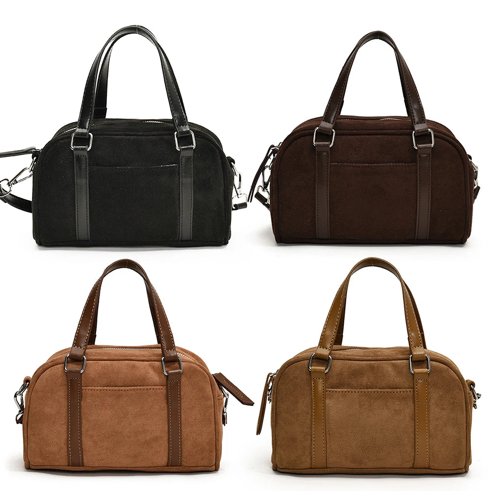 Women Suede Shoulder Bag Adjustable Strap Boston Bag with Interior Pocket Top Handle Bag Zipper Handbag for Work Travel
