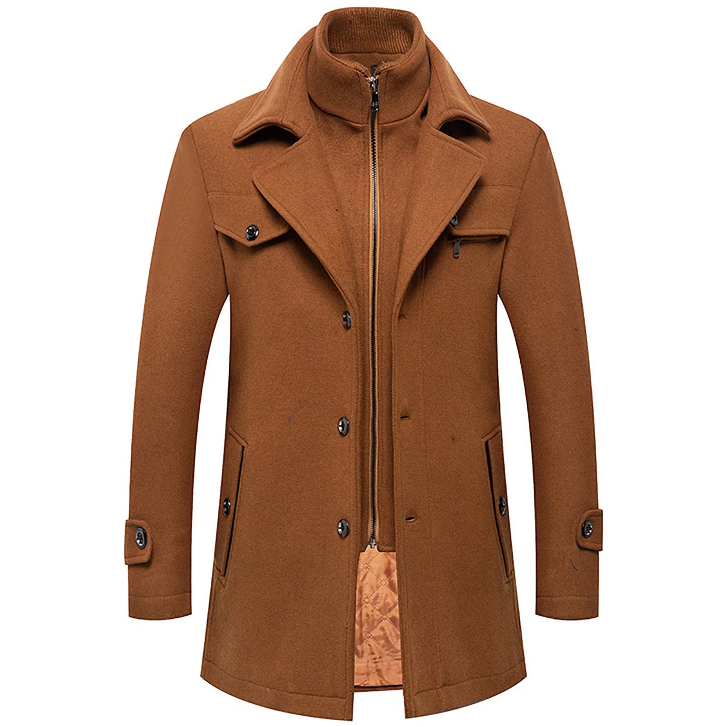 Men's Winter Woolen Overcoat Solid Color Detachable Double Collar Zipper Single-Breasted