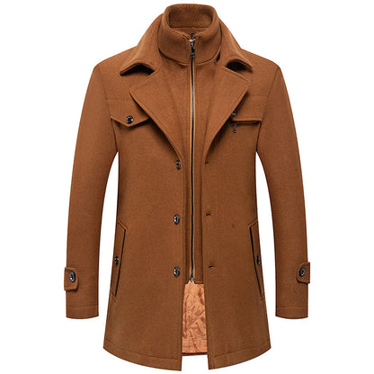 Men's Winter Woolen Overcoat Solid Color Detachable Double Collar Zipper Single-Breasted