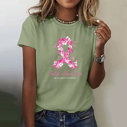 Ribbon Petal Print Pink October T-shirt Breast Cancer Awareness Graphic Short Sleeve