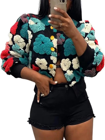 Wool Coats for Women Floral Puff Sleeve Embroidered Printing Short Fall Winter Jacket