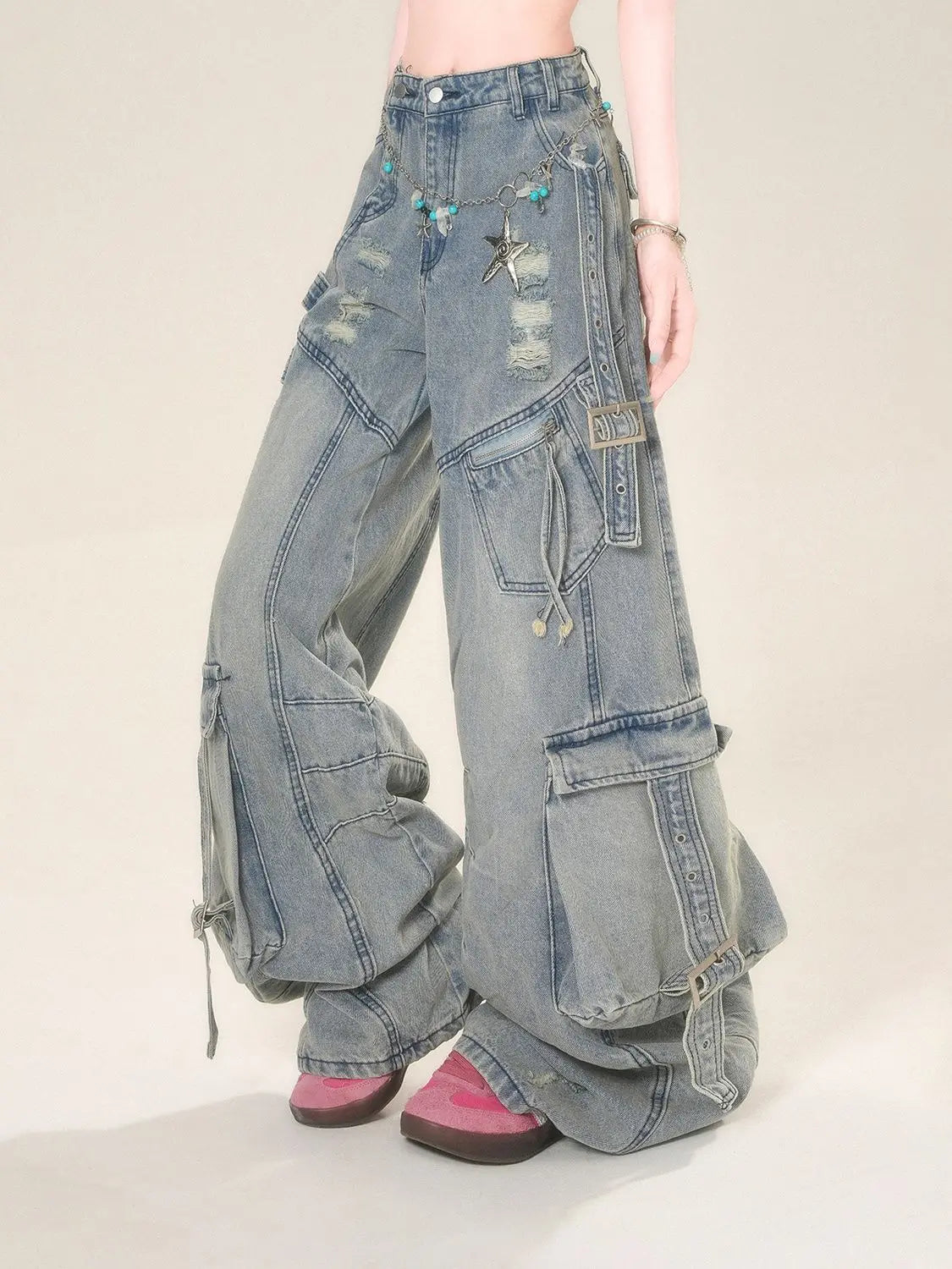 Women's Blue Star Embroidered Jeans Baggy Y2K High Street Harajuku Fashion High Waist Wide Leg Retro Jeans Pants Clothing 2025