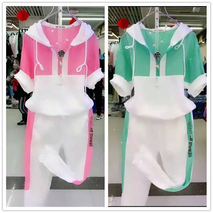 Women's Fashion Tracksuit Casual Suit Short Sleeve Hooded Top Pants Two Piece Set For Women