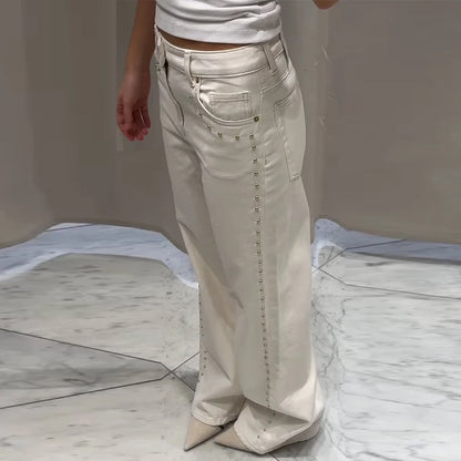 Metal Rivet Wide Leg Jeans Trousers Baggy Low Rise Pockets Denim