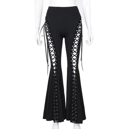 Grunge Streetwear Zwarte Bandage Broek Cyber Gothic Punk Hollow Out Flare Broek Vrouwen Emo Hoge Taille Sexy Alt Bottom