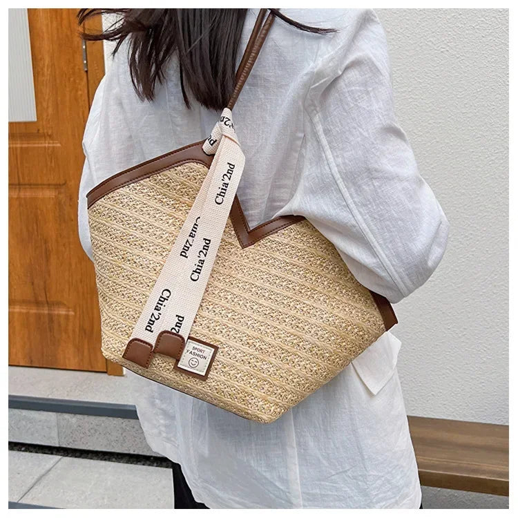 Straw Beach Bag Vintage Handmade Woven Shoulder Bag Raffia circle Rattan bag Bohemian