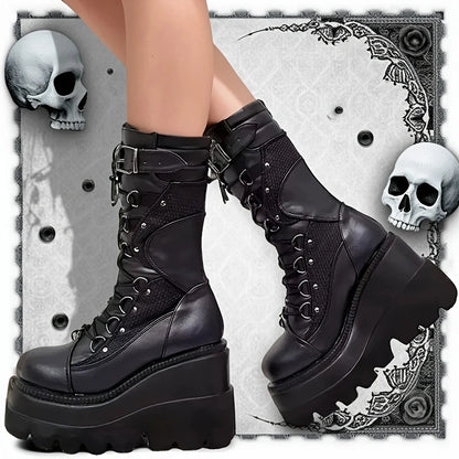 Brand New Ladies Goth Platform Boots Rivet Buckle Punk Wedges High Heels women's Boots Cosplay