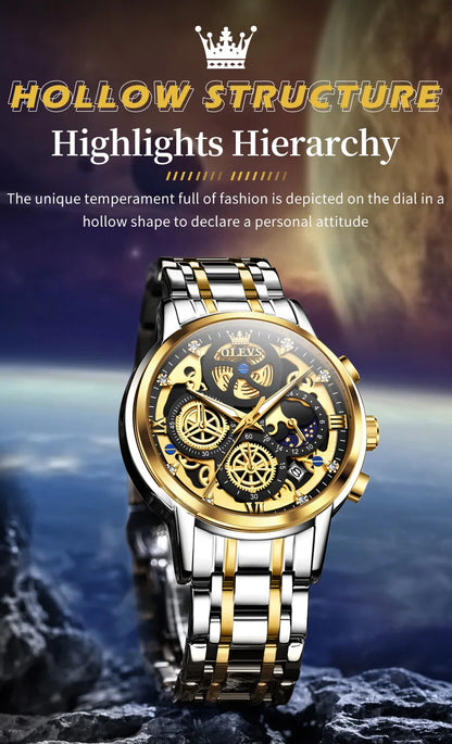 Top Brand Luxury Original Waterproof Quartz Watch for Man Gold Skeleton Style 24 Hour Day Night New